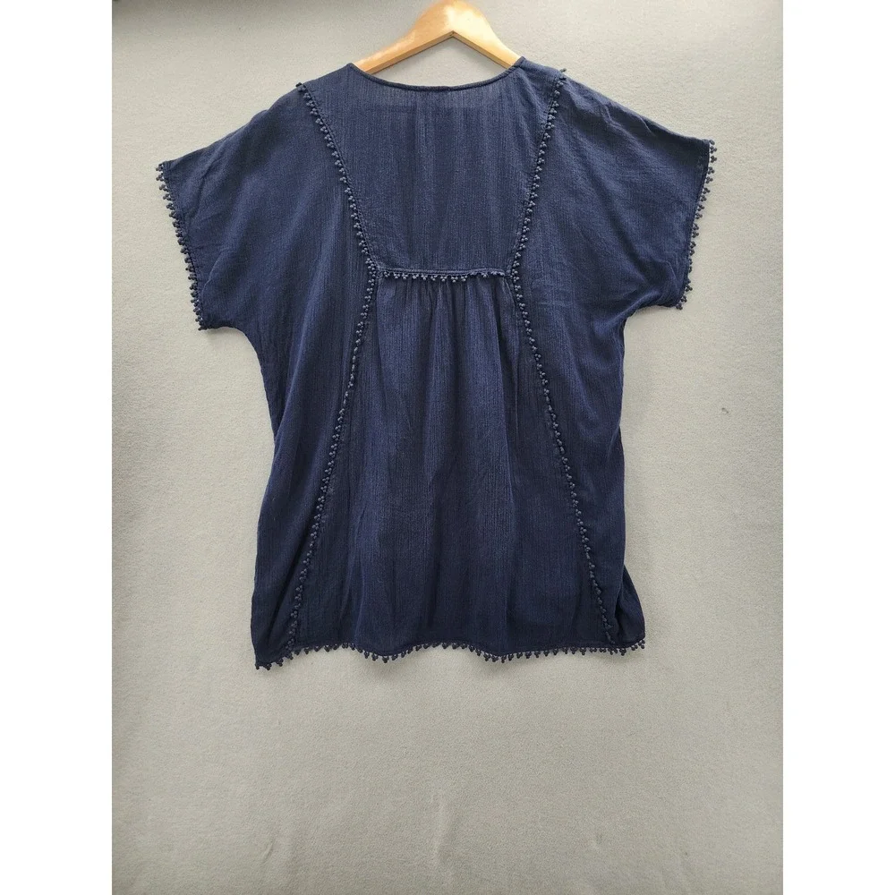 J.Crew Womens Navy Blue Gauze Cotton Pom Pom Boho Peasant Top‎ Blouse Medium
